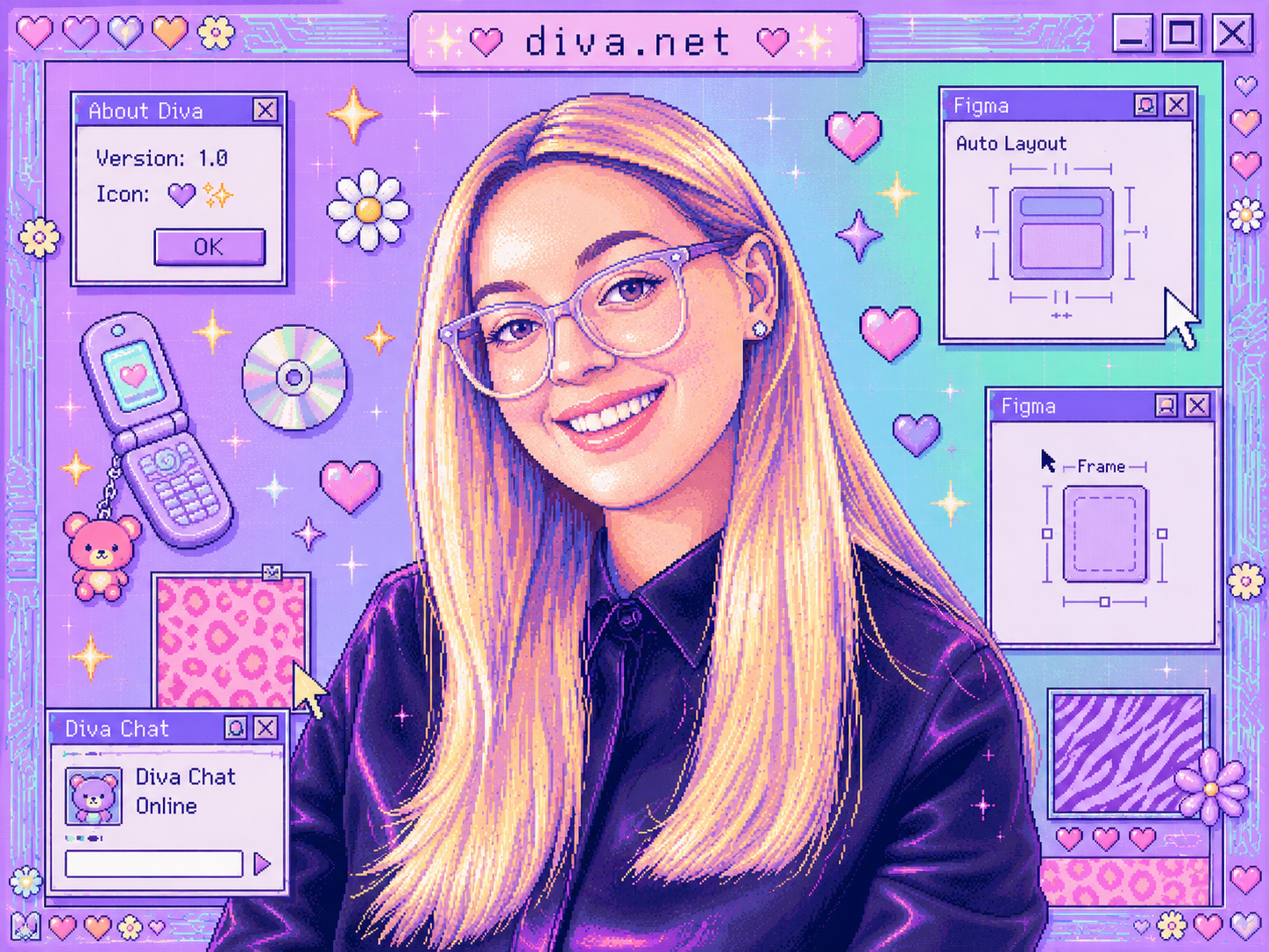 Pixel art portrait of Arietta smiling on a retro diva.net desktop, surrounded by Figma windows, hearts, and a flip phone