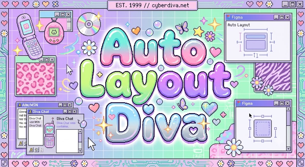 Pixel art of a retro computer window declaring Arietta the Auto Layout Diva