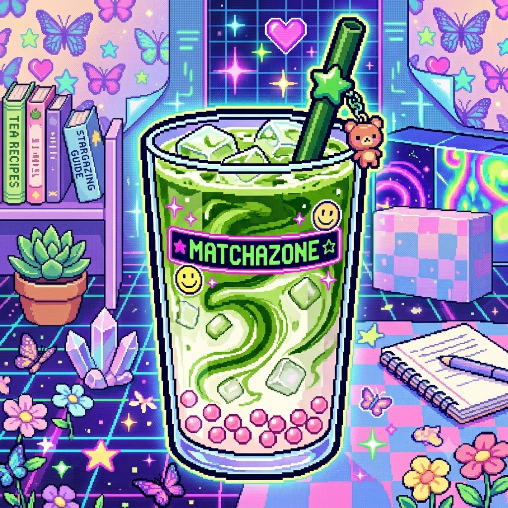 Pixel art of a giant iced matcha surrounded by flowers