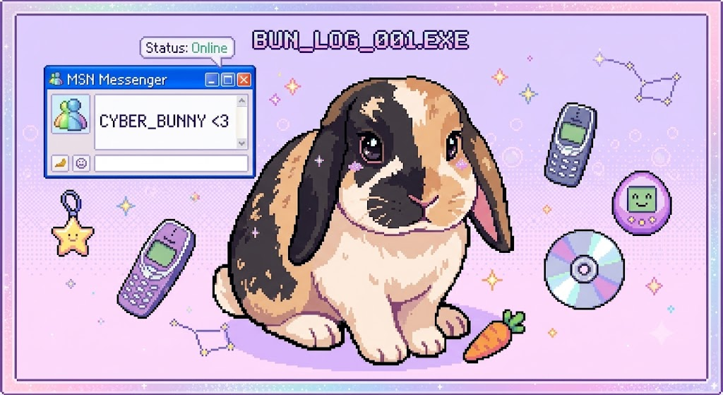 Pixel art of a fluffy bunny surrounded by flip phones