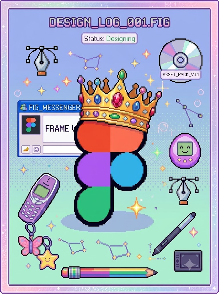 Pixel art poster of a crown with design tools