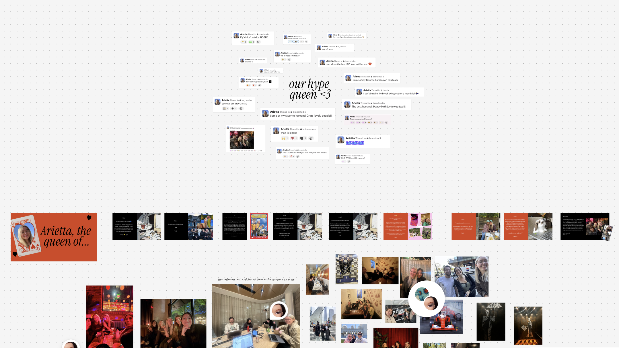 A FigJam board covered in goodbye notes and photos from the team